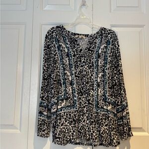 LOFT Black and White Blouse with Blue Accents